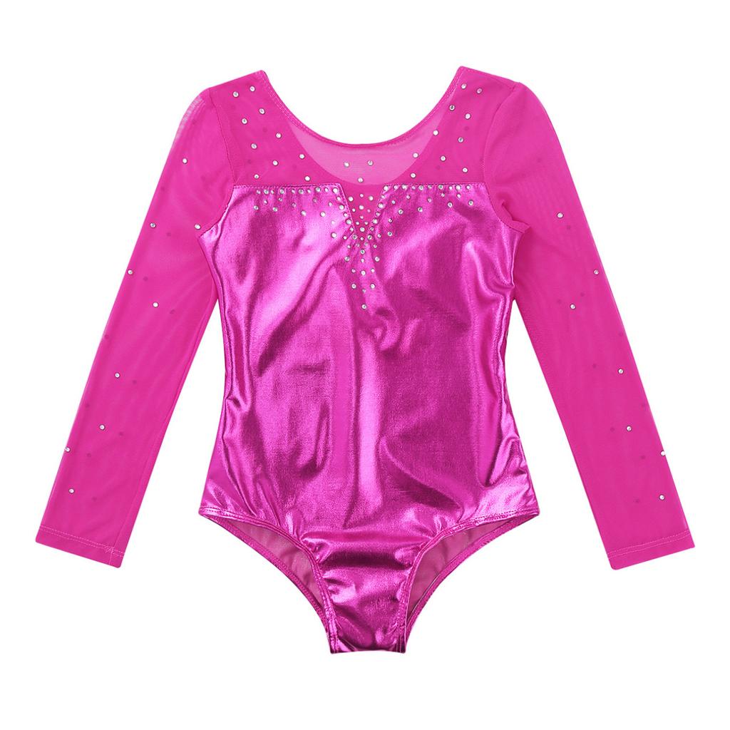 Детский цельный фатиновый комбинезон для девочек с длинными рукавами и блестящими стразами металлик для балета, танцев, гимнастики, трико, комбинезон