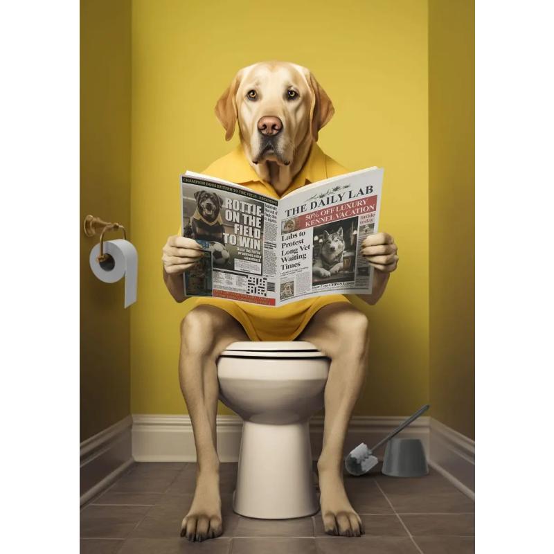Современный лев, собака, хайленд, сидящая на унитазе и читающая газету, плакат, забавный принт с животными, картина на холсте, декор для ванной комнаты, картина