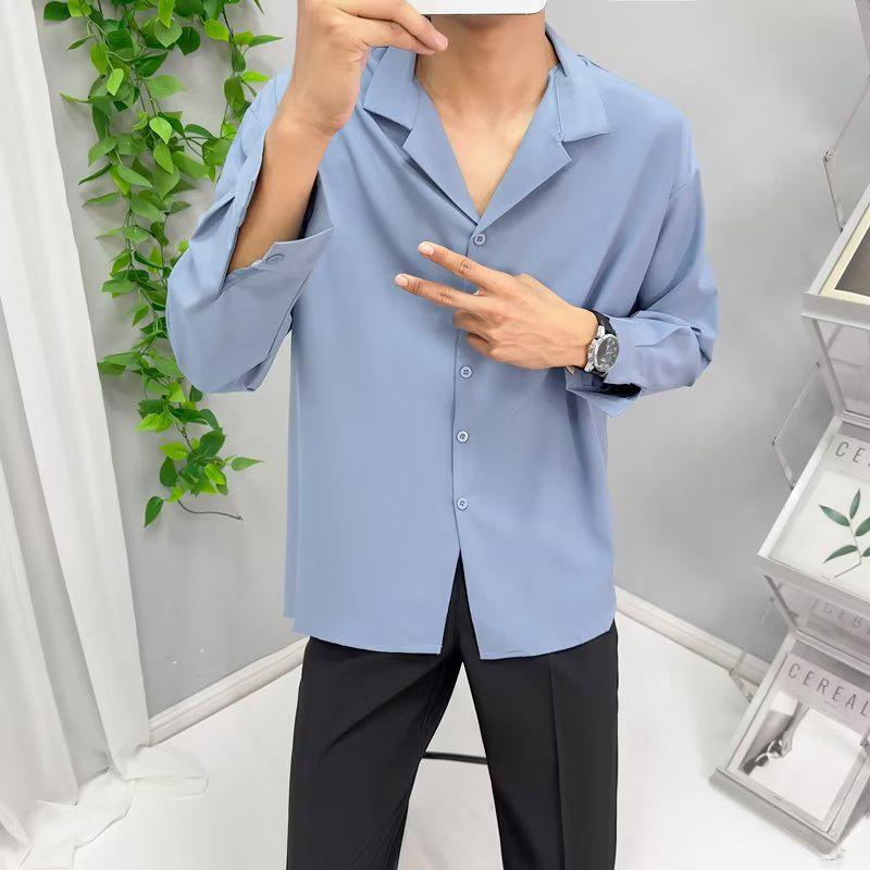 Мужская модная рубашка с длинными рукавами и кубинским воротником из ледяного шелка — свободная, повседневная, стильная для весны и осени