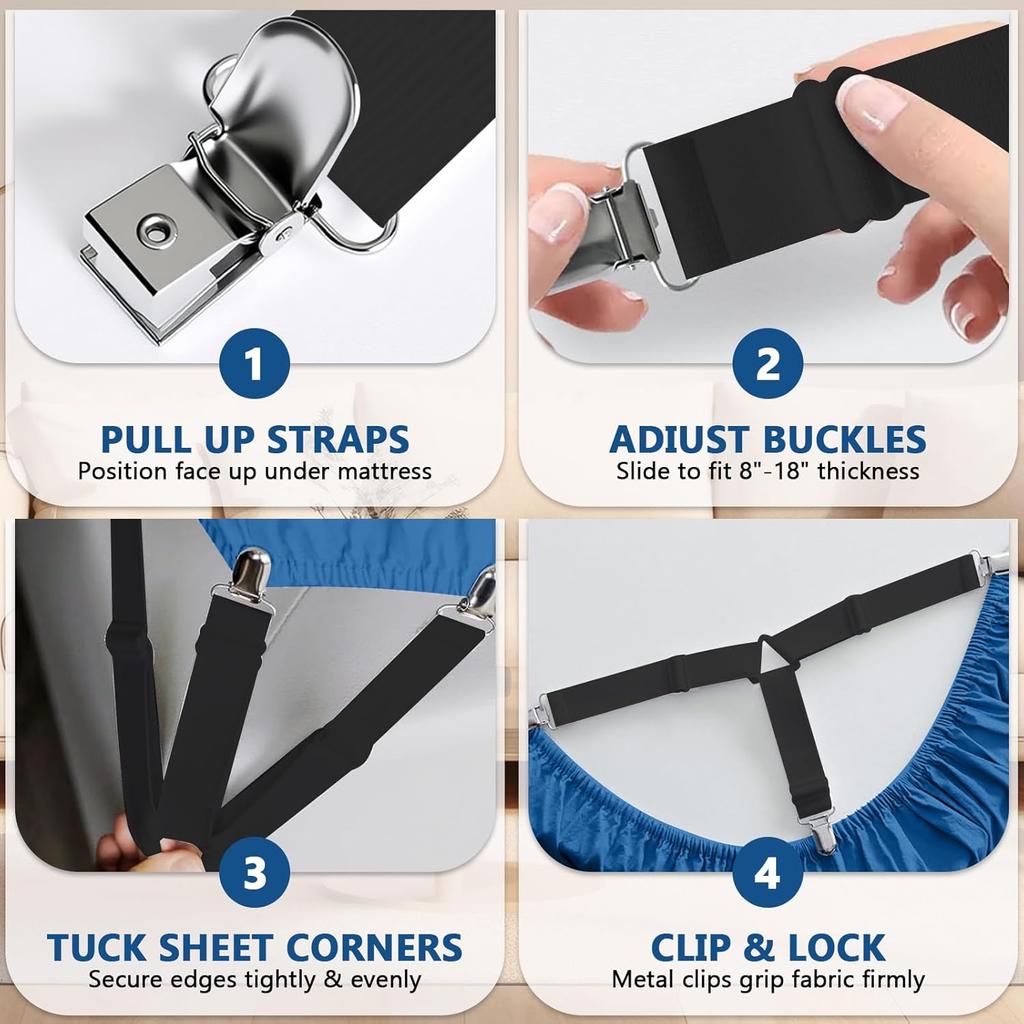 Adjustable Bed Sheet Straps with Durable Metal Clips 4 Pack for Sheets Sofa Covers Curtains and Tablecloths, Black