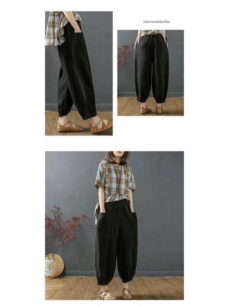 Women's Summer 100% Cotton Linen Lantern Pants - Casual, Loose, Nine-Point, Tie-Cuff Harem Style