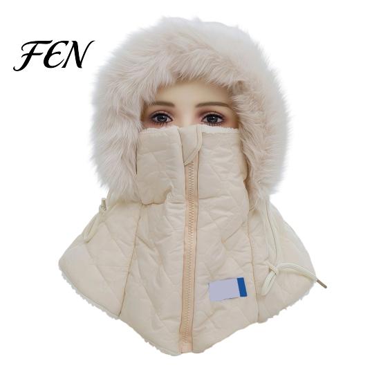 Adjustable Outdoor Riding Headgear Women Winter Balaclava Hat, Quilted Face Mask Hood Zipper Closure, Fuzzy Trim, Windproof Ski Cap with Fleece Lined,