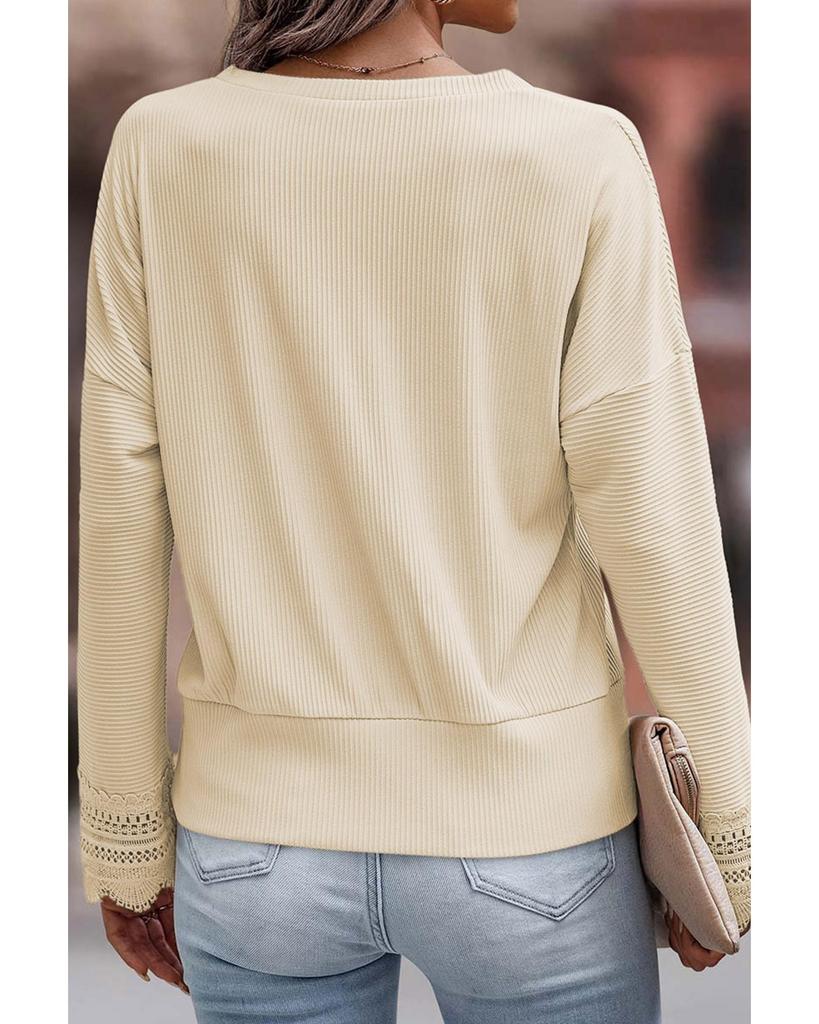 Azura Exchange Lace Trim V Neck Long Sleeve Top