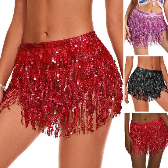 Belly Dance Sequin Tassel Skirt Sparkling Glitter Rave Fringe Mid-rise Skirt Solid Color Dance Parties Performances Skirt