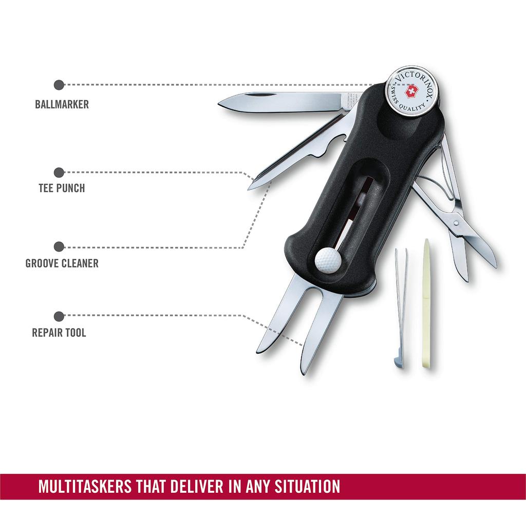 VICTORINOX Golf Tool Black Golf Fork Ball Marker с инструментом для ремонта маркера, оснащенным съемным маркером мяча, швейцарский спортивный инструмент с 10 функциями