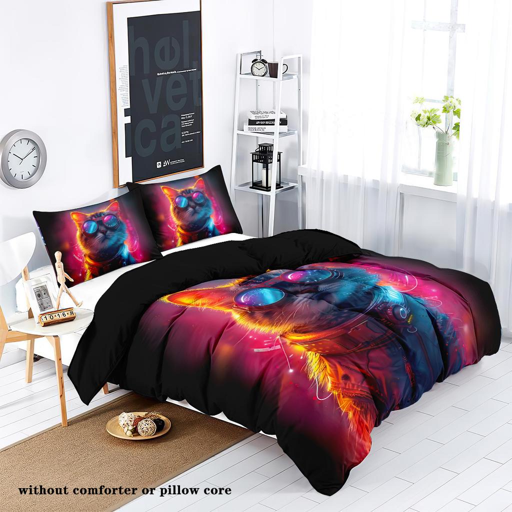 3pcs Cat and Wolf Cyberpunk Style Printed Bedding Set, (1*Duvet Cover + 2*Pillowcase, NO Core),for Bedroom,hotel,home Decoration