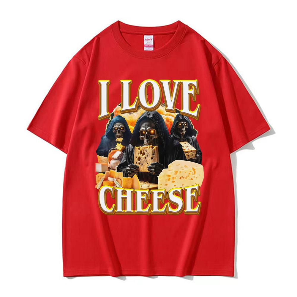 Vintage Skeleton I Love Cheese Meme T Shirts Funny Gothic Graphic Tshirts Unisexs Women Summer Crewneck Cotton Tshirt Streetwear