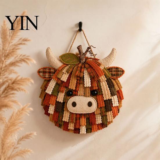Seasonal Handmade Wall Hanging Highland Cow Pumpkin Patchwork Kit, Fabric Autumn DIY Decorative Textile Art Set Sewing Craft Kit for Beginners,
