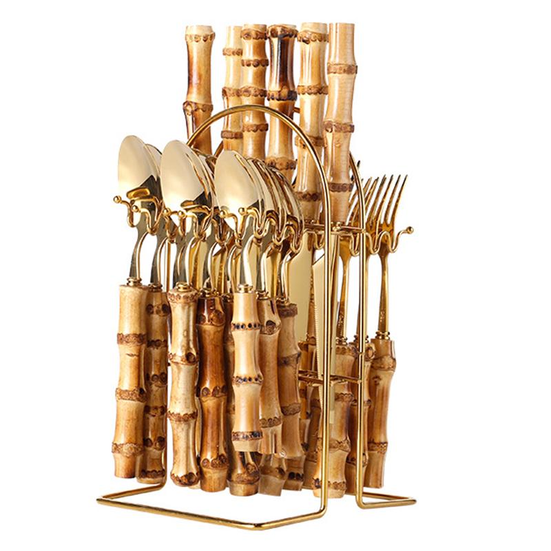 Наборы столовых приборов из бамбука 8/16/24 шт., набор столовых приборов из нержавеющей стали 304 для стейков, ложка и вилка для кухни, обеденного бара