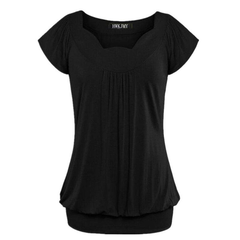 Elegant Women's Fashion Summer V-neck Short Sleeve Pleated Loose Blouse Plus Size