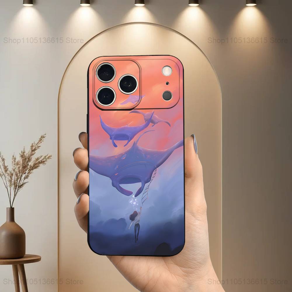 Manta Ray Ocean Animal Phone Case For iPhone 15,14,13,17,16,12,11,Plus,Pro Max,XS,X,Mini,8,7,XR,SE,Soft Silicone Black
