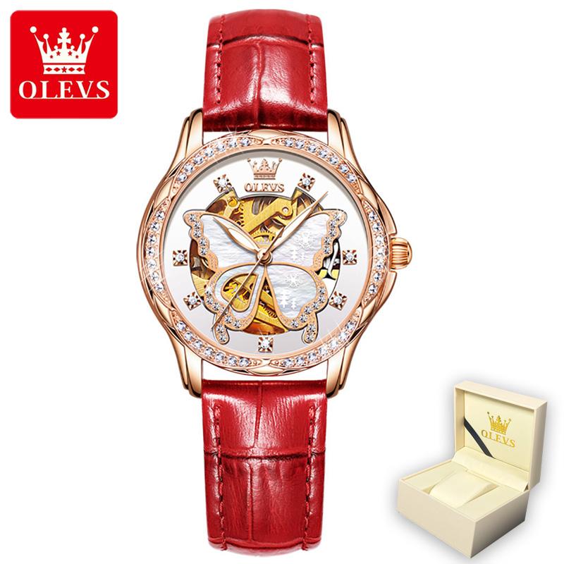 OLEVS 6622 с подарочной коробкой Часы Кожаные часы с водонепроницаемыми автоматическими механическими часами Женские часы