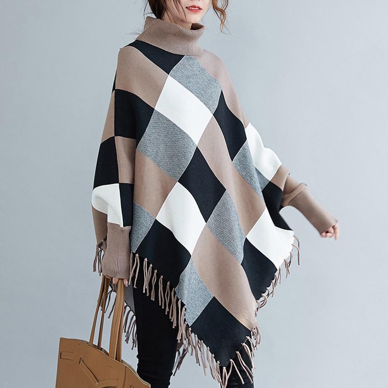 Накидка шаль летучая мышь рубашка летучая мышь вязаный свитер женское пальто топ толстый осень и зима новый стиль темперамент шоу тонкий высокий воротник кисточка