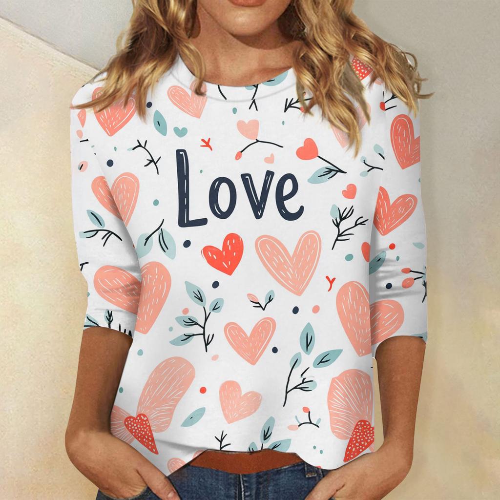 Женские топы с рукавом три четверти и круглым вырезом, свободная футболка с принтом ко Дню святого Валентина