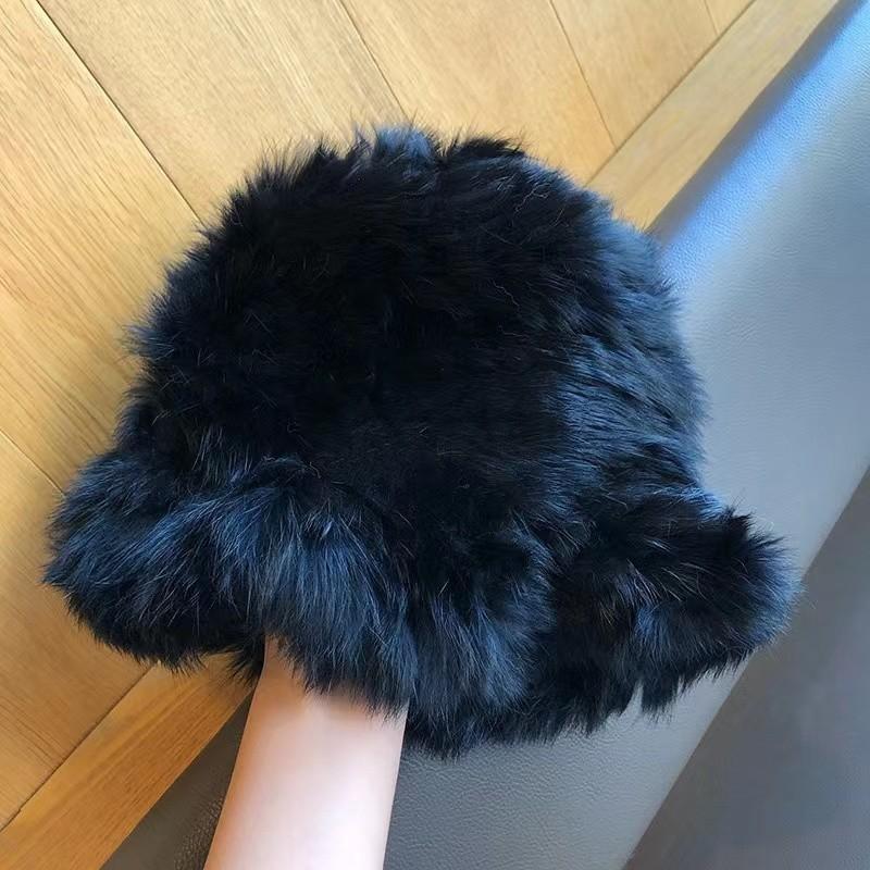 Fashion Rabbit Fur Patchwork Knit Bucket Hat Women Warm Fall Winter Large Head Size Face Slimming