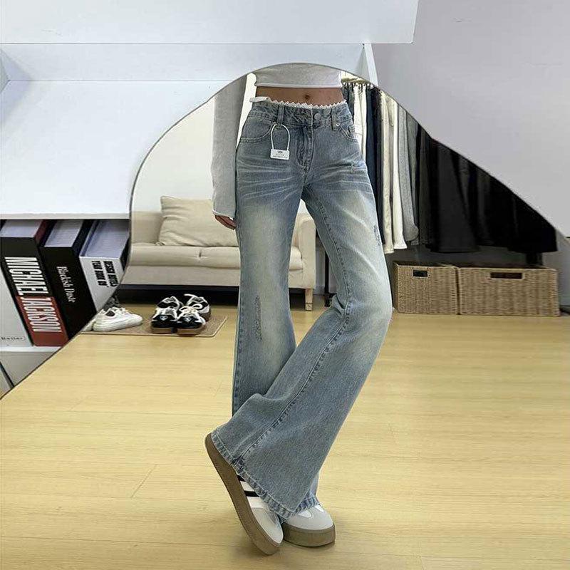 Sweet ins lace splicing micro-horn jeans women's design sense slim-fitting small low-rise slim horseshoe pants