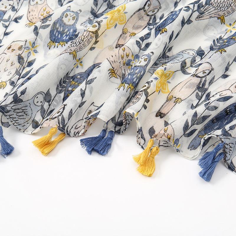 Spring and Summer New Cute Owl Beard Tassel Thin Scarf Women's Travel Cotton and Linen Feel Shawl