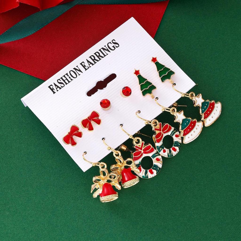 Европейско-американский набор рождественских серег - 6 штук: Дизайны «Дерево, Колокольчик и Бант»