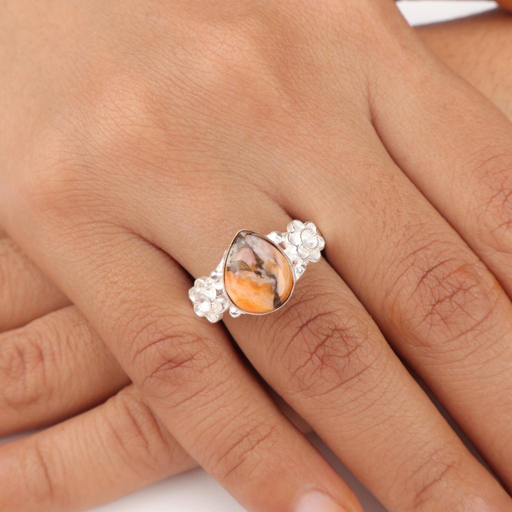 Orange Copper Turquoise 925 Solid Silver Jewelry Handmade Dainty Ring For Women RR-59-43