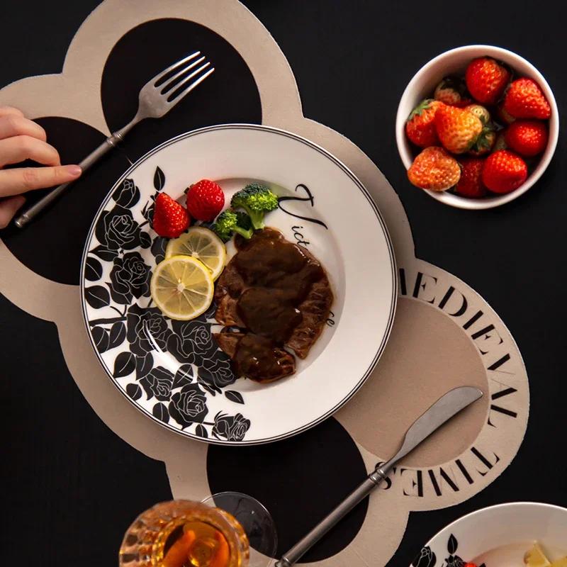 Retro Black Flowers Ceramic Plate High End Restaurant Steak Plate Home Delicious Dishes Salad Dining Plates Exquisite Tableware