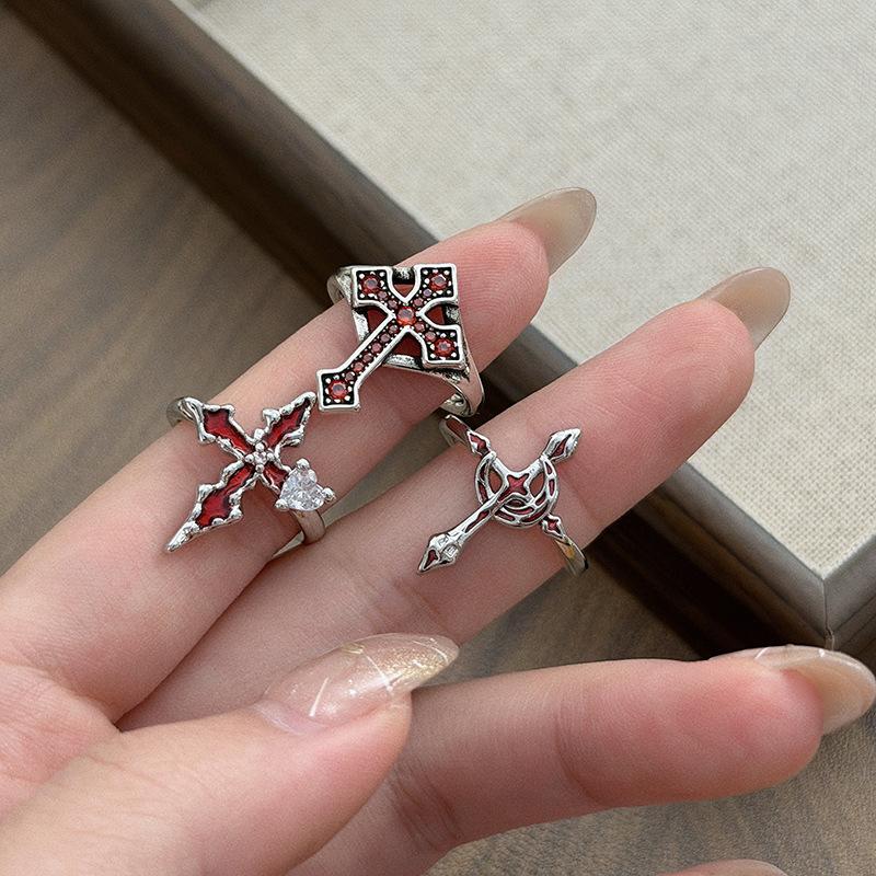 Gothic Spice Girl Red Enamel Zircon Cross Tide Opening Ring Sweet Cool Dark Premium Ring