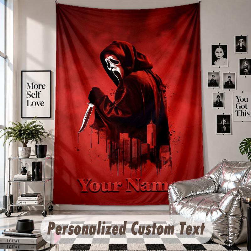 Custom Tapestry Wall Hanging, Scream Ghostface Personalized Name Text Home Wall Decor