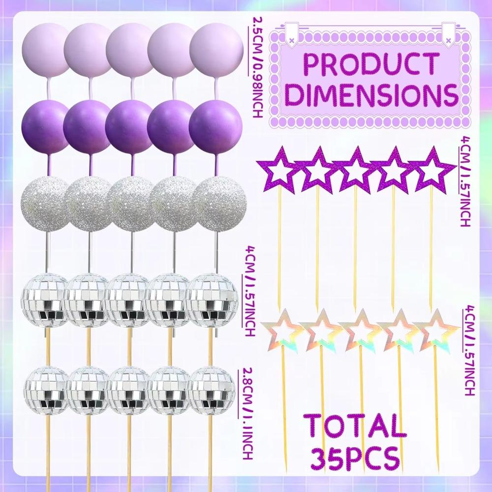 Disco Ball & Star Cake Topper Set, Purple Silver Ball Toppers, Star Picks for Disco Themed Party Cake Decor