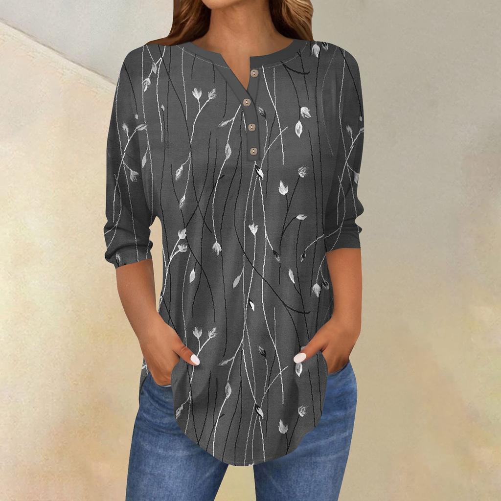 3/4 Length Sleeve Womens Tops Summer T-Shirts Floral Print V Neck Casual Basic Tee Button Shirts Tunic Tops