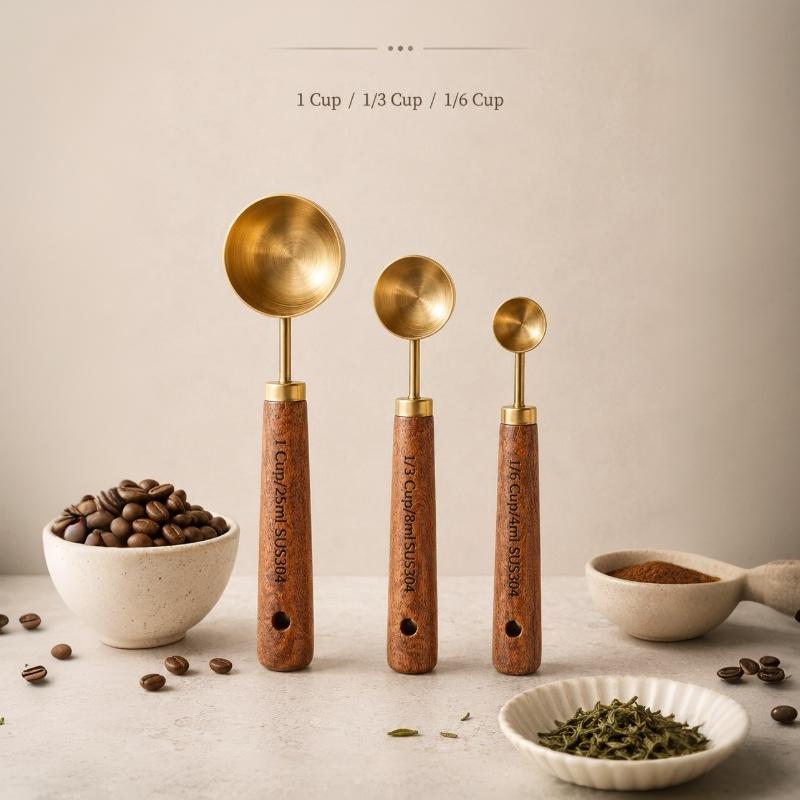 Rust Proof Coffee Measuring Spoons 304 Stainless Steel with Natural Wood Handle for Home Kitchen Brewing Baking