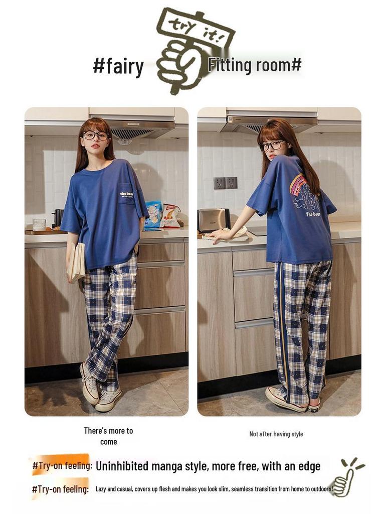 2025 Spring/Summer Women's Cotton Pullover Pajama Set - Short Sleeve Top with Long Pants