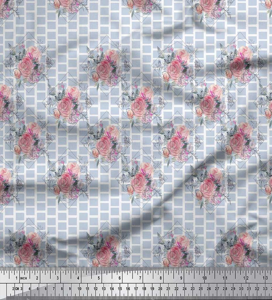Soimoi Gray Poly Crepe Fabric Square & Rose Floral Print Sewing Fabric metre 42 Inch