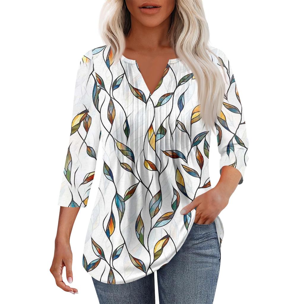 Женская модная повседневная плиссированная футболка с V-образным вырезом и рукавом семь четвертей