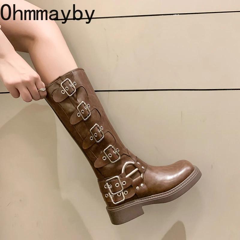 Fashion Women High Knight Boots Fashion Belt Buckle Slip On Long Booties Retro Style Autumn Winter Female Elegant Low Heel Shoes