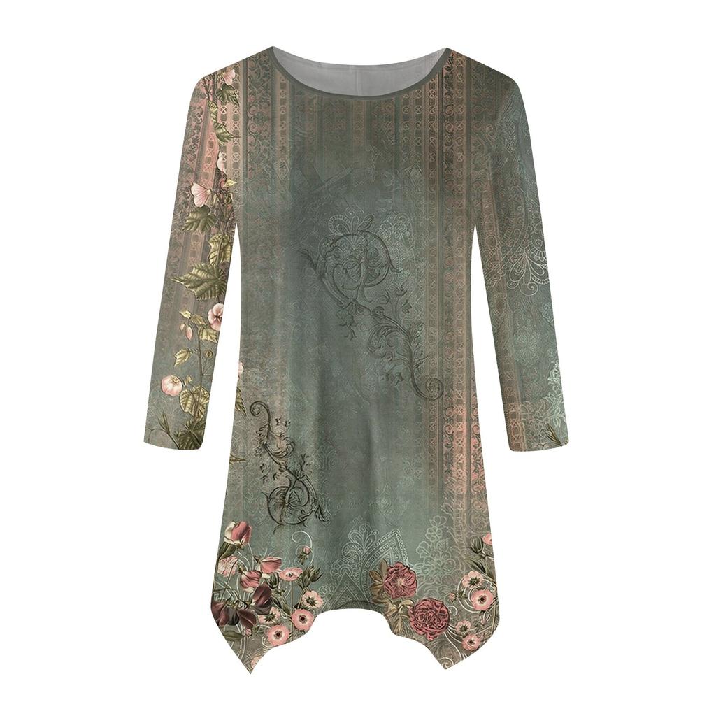 Женская модная повседневная рубашка с круглым вырезом и цветочным принтом, рукавами-семью, свободным удобным топом с поясом
