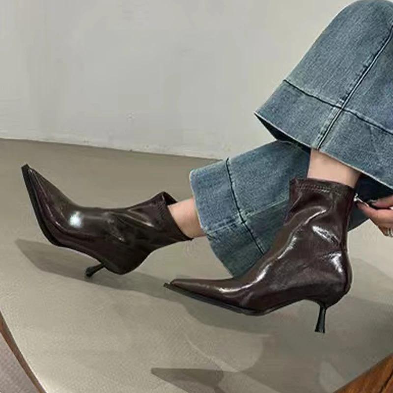 Женские кожаные ботильоны с острым носком, элегантные туфли на среднем каблуке, женская мода 2025 года, зимние туфли-лодочки, ботинки челси, женские ботинки