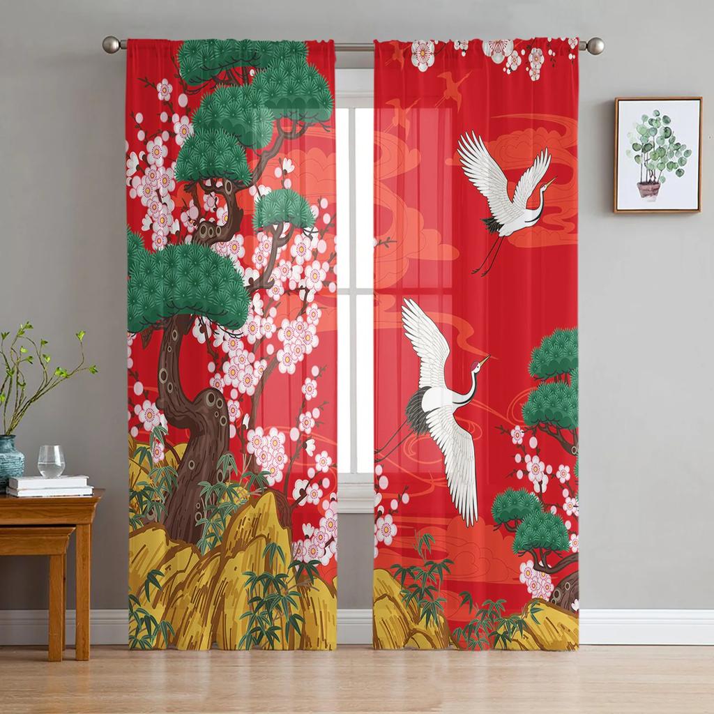 Японский стиль Сакура Цветущая вишня Розовый цветок Тюль Шторы Гостиная Кухня Украшение окна Вуаль Прозрачная занавеска