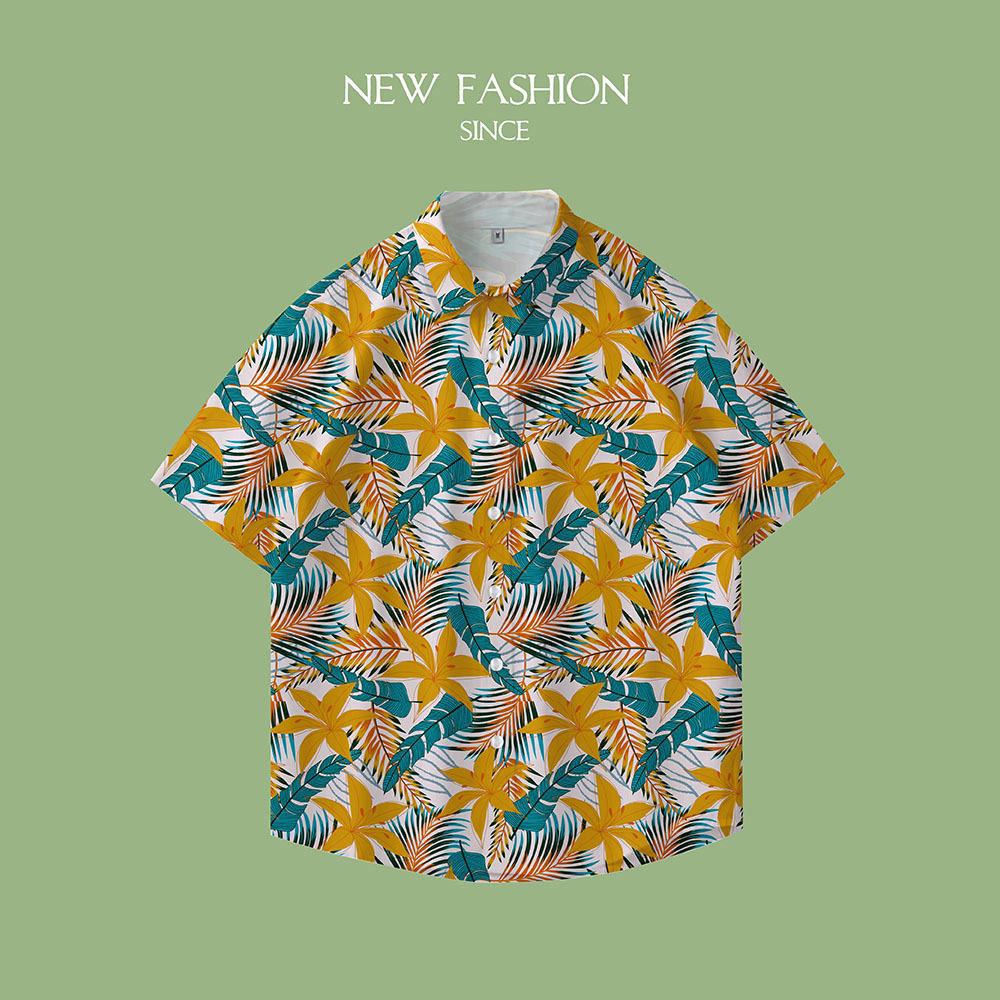 Hawaiian Coconut Tree Flower Shirt Short-Sleeved Men'S Trendy Coat Summer Loose American Vacation Wind Beach Shirt