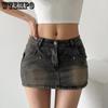 Retro Summer Y2K Vintage Women Short Denim Straight Skirts Pockets Low Waist Girl Button Mini Skirts Harajuku Streetwear