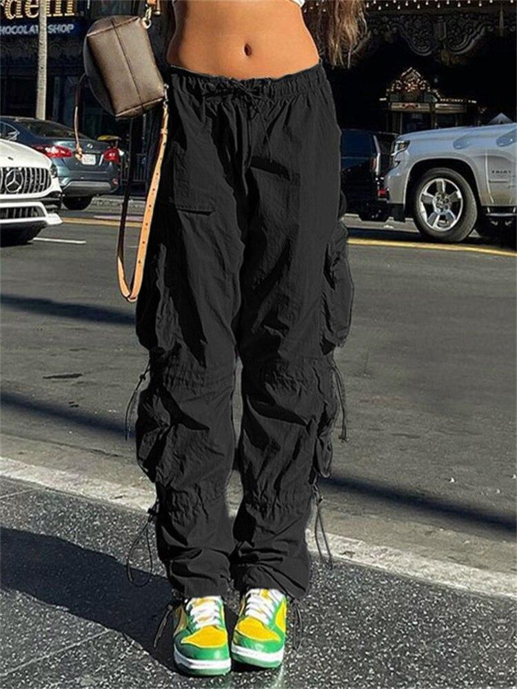 2022 Брюки-карго с несколькими карманами, женские джинсы Y2K с низкой талией, широкие свободные брюки, повседневная уличная одежда, джинсовые брюки, беговые брюки, сплошной цвет