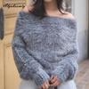 New Arrival Autumn Winter Women's Fluffy Faux Mink Sweater-Soft Fuzzy Pullover Slash Neck Gray Beige Warm Feminine Sweater
