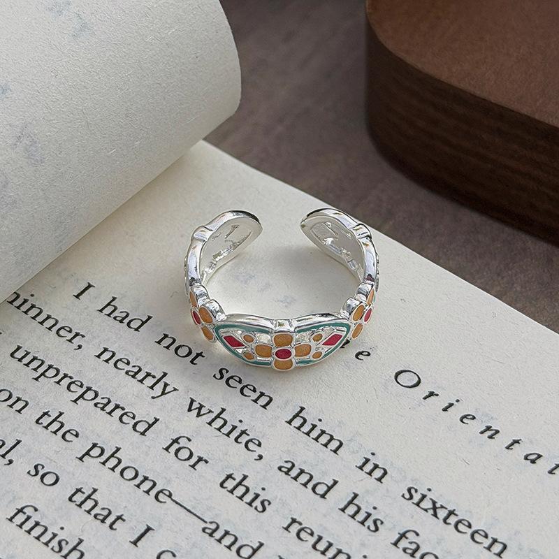 Guochao Sweet Sister Style Colored Enamel Butterfly Flower Ruyi Pattern Hollow Engraved Open Ring Female