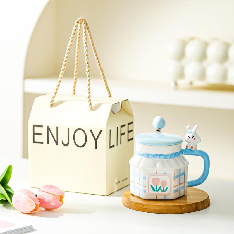 Кружка для пары 'Тюльпан и Кролик', креативная, с высокой ценностью, керамическая, для дома и офиса, кофейная чашка с крышкой