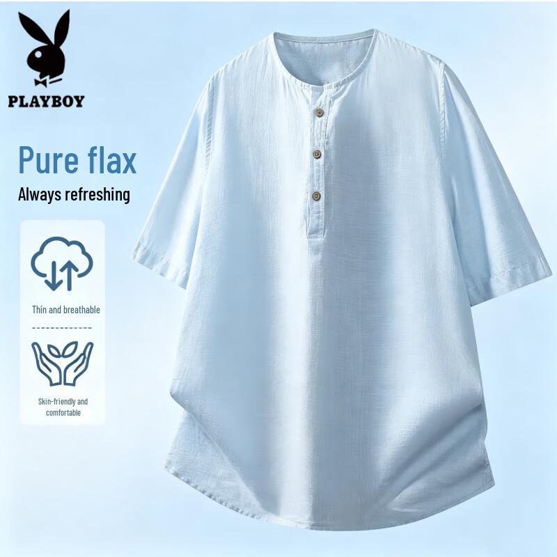 PLAYBOY Мужская футболка из чистого льна с коротким рукавом
