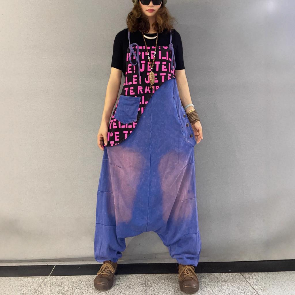 Retro personality old letter splicing overalls women's summer new large size fat sister jumpsuit tide