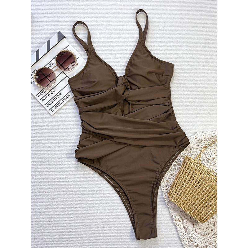 Sexy Coffee Hollow Out One Piece Swimsuit Summer New Backless High Leg Cut Swimwear Women Beach Bath Suit