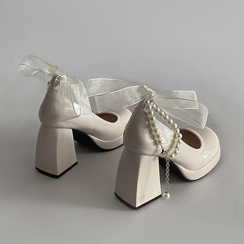 Туфли на высоком каблуке с толстым жемчужным каблуком женские весенние новинки 2025 года в стиле французской феи, простые, с увеличенным каблуком, туфли Мэри Джейн