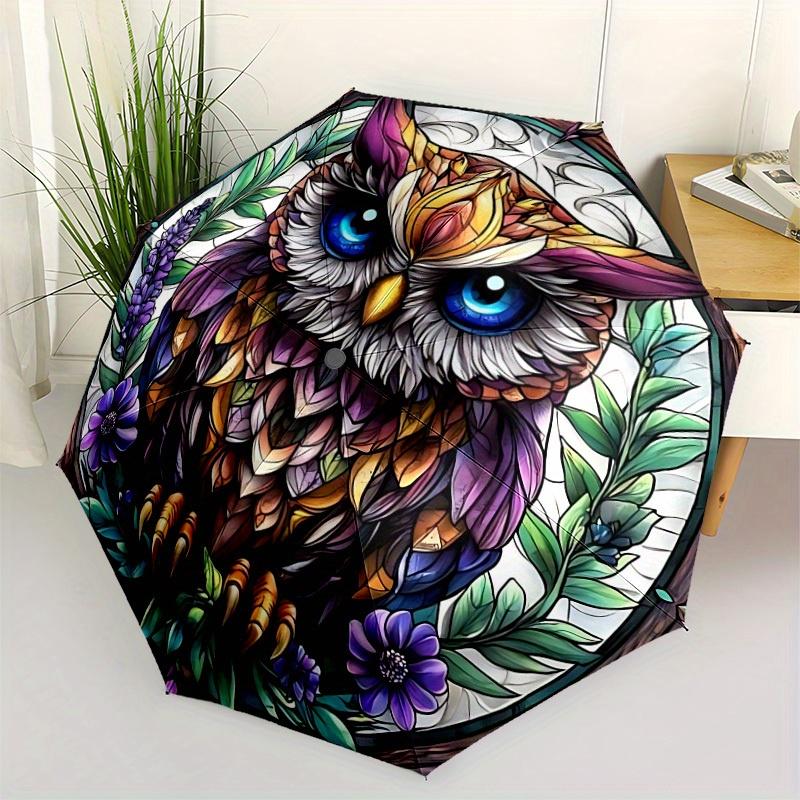 1pc Stained Glass Ow Automatic Folding Umbrella, Portable & Foldable Design with 8 Ribs, Casual Outdoor Accessory Halloween and Christmas gi