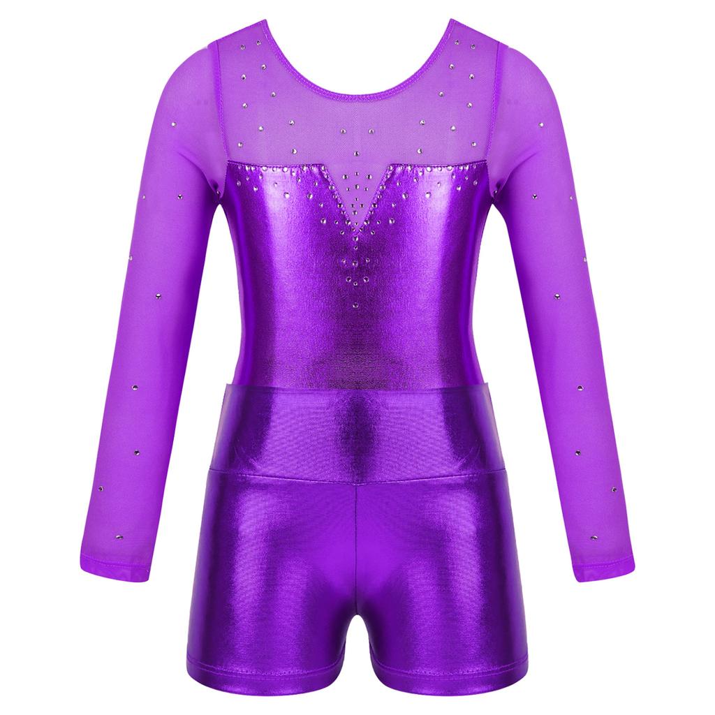 Детский комплект танцевальной одежды для девочек, купальник с длинными рукавами и круглым вырезом, блестящий декор со стразами, комбинезон и шорты