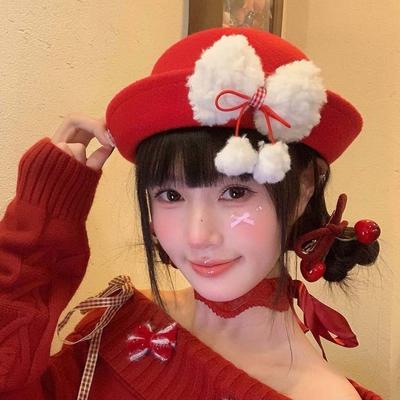 Japanese Style Red Bowler Hats Beret Girls Dome Hat Princess Hat Woolen Bucket Cap Performances
