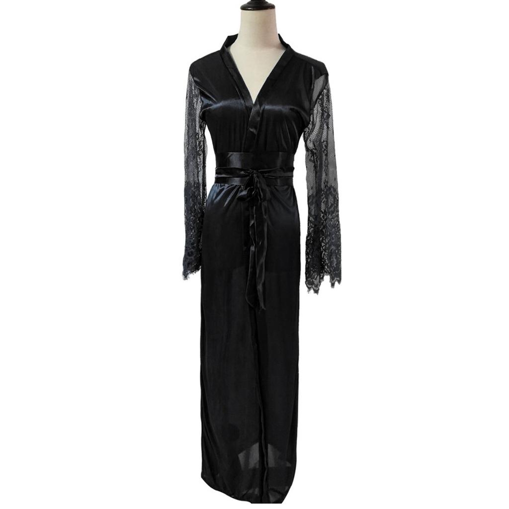 Women Satin Long Nightdress Silk Lace Lingerie Nightgown Sleepwear Sexy Robe